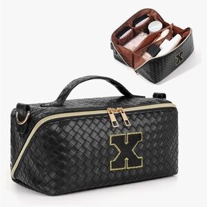 New!Black Woven Travel Toiletry Bag with Gold X Guitar Crossbody Strap